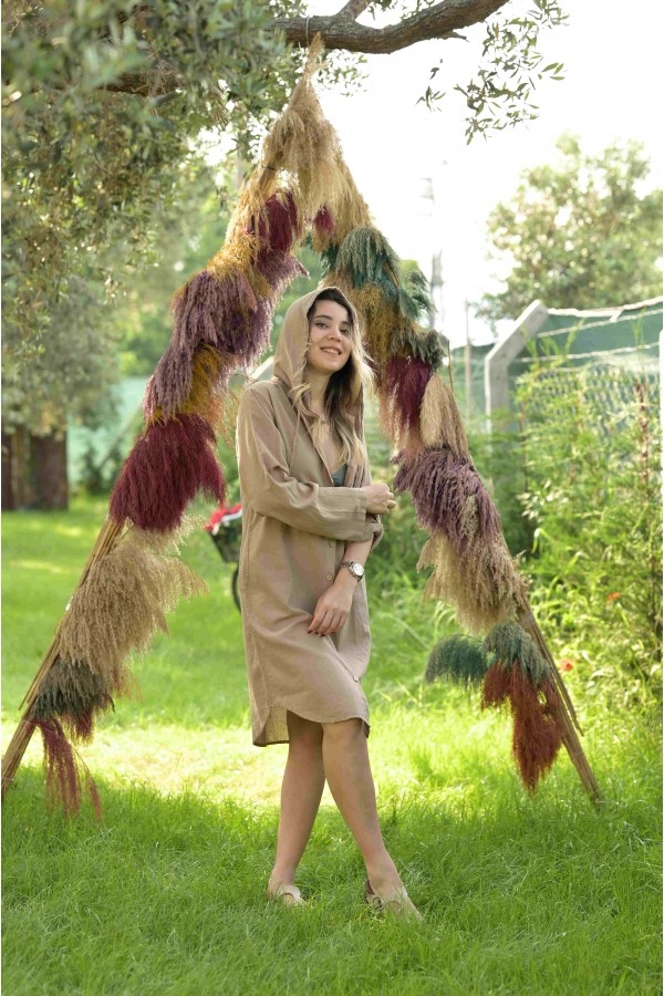 ŞULE KAPÜŞONLU  ELBİSE - TOPRAK RENGİ